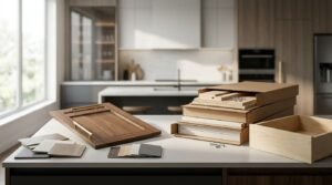 Kitchen island countertop displaying a custom walnut shaker cabinet door with brass handles, colour swatch fans, flat-pack cabinetry boxes with assembly hardware, and an assembled solid wood drawer box.