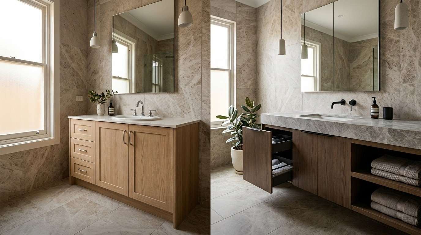 Sydney bathroom vanity comparison showing cabinet refacing with the existing layout versus full cabinet replacement with improved storage, materials, and functionality.