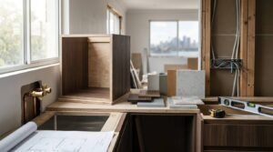 Kitchen cabinet replacement and installation site displaying a custom plywood and timber carcass box, rough-in plumbing and electrical wiring, undermount sink cutout, level, tape measure, floor plan blueprints, and material swatches overlooking a distant city harbour view.