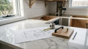 Architectural floor plan blueprint on a Calacatta quartz kitchen island countertop with a measuring tape, pencil, and an oak wood sample block displaying matte black and brass cabinet hardware in an unfinished kitchen remodel.