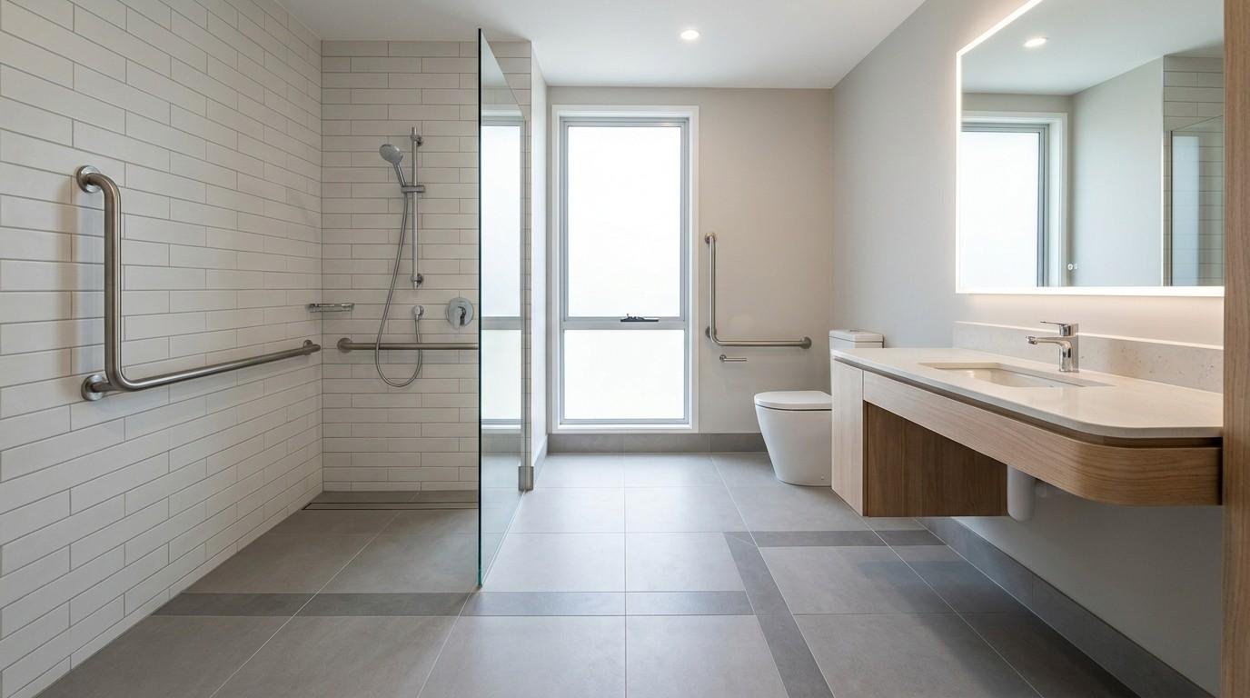 Accessible Sydney bathroom with slip-resistant flooring, level-entry shower, contrasting grab rails, even lighting, and compliant safety features designed for long-term mobility and daily use.