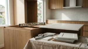 Flat-pack kitchen cabinet assembly in progress featuring an unrolled floor plan blueprint, measuring tape, clipboard checklist, brass plumbing fittings, and open mechanic tool kit on a light oak laminate island benchtop overlooking a city skyline.
