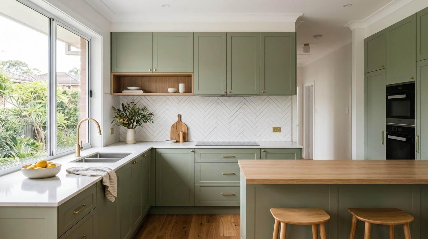 Contemporary Sydney kitchen after a mid-range renovation, featuring new cabinetry, benchtops, splashback, flooring, tapware, and professional finishing.