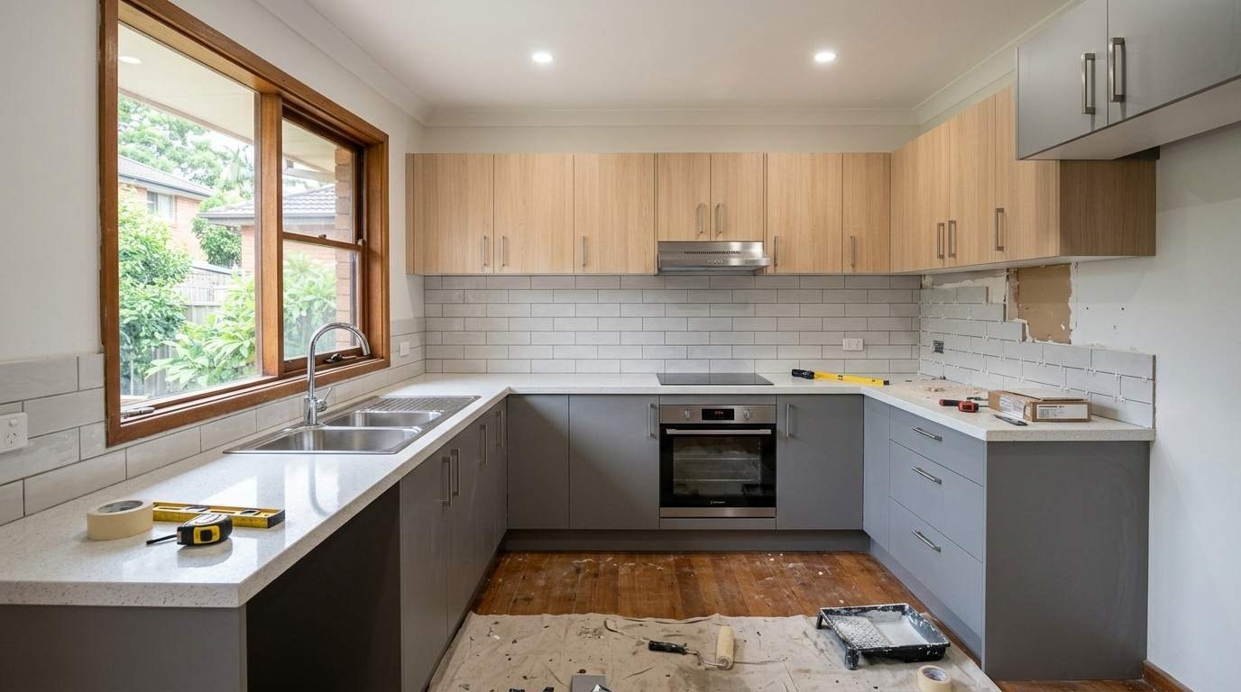 Medium-sized Sydney kitchen with a modern L-shaped layout, mid-range cabinetry, engineered stone benchtops and quality appliances, illustrating what a $50,000 full renovation can realistically achieve without major structural changes.