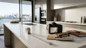Modern kitchen island with an extended tape measure, DSLR camera displaying an old kitchen on its screen, brushed brass and matte black handles, timber swatches, and leather planner overlooking a Sydney skyline view.