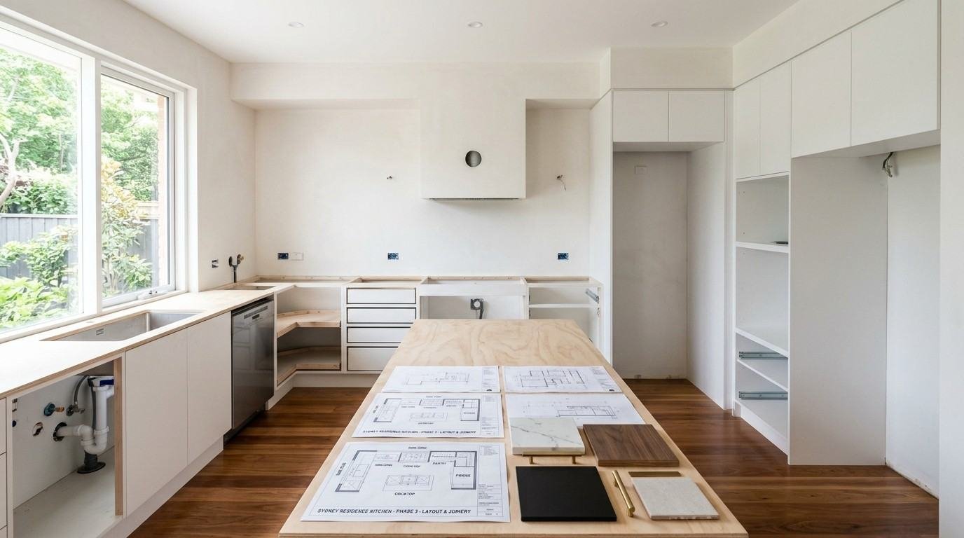 Sydney kitchen renovation prepared for cabinetry installation, showing planned storage zones around appliances and space for customised drawers, pantry and corner solutions.