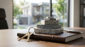 A pyramid stack of marble stone blocks resting on a leather-bound notebook beside house keys and a luxury fountain pen, with a modern home visible through an office window.