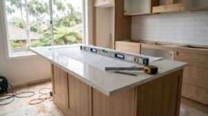 Calacatta quartz countertop installation on a light oak paneled island unit, shown with an aluminum spirit level, tape measure, and elevation blueprints.