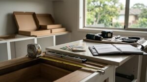 Flat-pack kitchen installation site showing Australian dollar banknotes, a budget planner notebook, measuring tape, spirit level, and cordless power drill on a quartz island bench with assembled cabinet carcasses in the background.