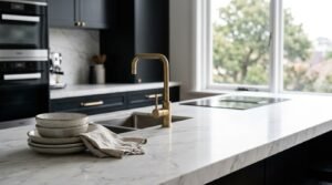 Contemporary luxury kitchen featuring a polished Calacatta marble island with an undermount stainless steel double sink, brushed brass square-neck mixer tap, ceramic dinnerware, and integrated induction cooktop, set against matte black shaker cabinetry with brass handles and built-in wall ovens.