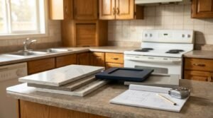 Dated kitchen with honey oak cabinets and laminate benchtops being planned for an update, showing modern Calacatta quartz stone swatches, navy and grey shaker door samples, architectural sketch pad, and tape measure on the foreground bench.