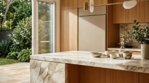 Contemporary warm timber kitchen featuring a thick Calacatta marble waterfall island bench, ceramic tableware, eucalyptus vase, integrated stainless steel fridge, and modern brass pendant light opening to a sunlit garden patio.