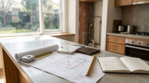 Architectural floor plan blueprint featuring a highlighted red kitchen work triangle diagram, placed on a concrete island bench beside marble and timber swatches, a triangular scale ruler, notebook, and measuring tape during a kitchen renovation fitout.