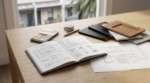 Open sketchbook displaying hand-drawn kitchen cabinetry sketches and trade tool icons, placed on a light oak desk beside a calculator, architectural drawings, miniature shaker cabinet door samples, marble swatches, and a tape measure.