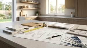 Kitchen design specification setup on an engineered stone island featuring architectural floor plans with a pen and tape measure, surrounded by Calacatta marble swatches, natural oak and white shaker door profiles, subway tile samples, and a blue and grey paint fan deck.