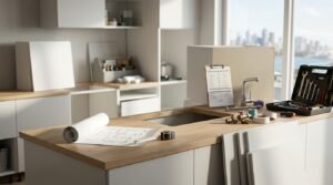 Flat-pack kitchen cabinet assembly in progress featuring an unrolled floor plan blueprint, measuring tape, clipboard checklist, brass plumbing fittings, and open mechanic tool kit on a light oak laminate island benchtop overlooking a city skyline.