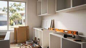 Flat-pack kitchen renovation installation showing assembled white base and wall cabinet carcasses, an orange spirit level, cordless impact driver, tool case, flexible piping coils, and flat-pack cardboard packaging boxes.