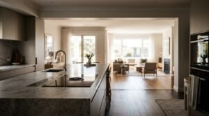 Open-plan kitchen renovation featuring a large grey veined marble island with an integrated downdraft induction cooktop, undermount prep sink, and brushed nickel tap, flowing seamlessly into a light-filled contemporary living room with engineered timber flooring and modern fireplace.