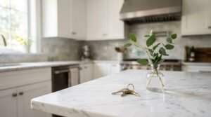 House keys and a small glass vase with fresh eucalyptus sprigs resting on an eased-edge white Carrara marble kitchen island in a bright transitional kitchen with white cabinetry and stainless steel range hood.