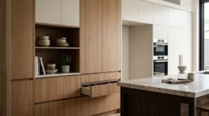 Modern full-height kitchen joinery featuring natural oak veneer floor-to-ceiling cabinets, open display shelving with ceramic tableware and cookbook, open cutlery drawer divider, integrated double wall ovens, and a marble island bench with coffee maker.