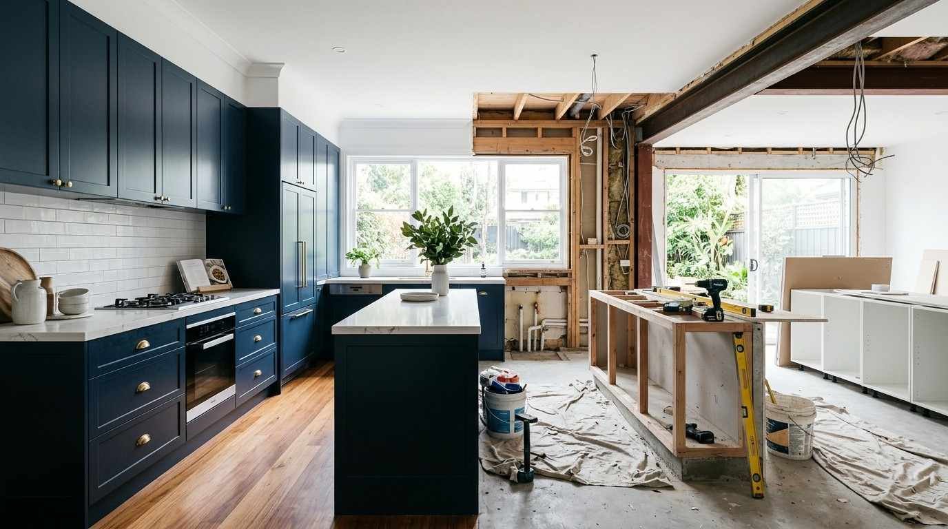 Sydney kitchen comparison showing the difference between a cosmetic renovation with the existing layout and a structural remodel with reconfigured cabinetry, island and services.
