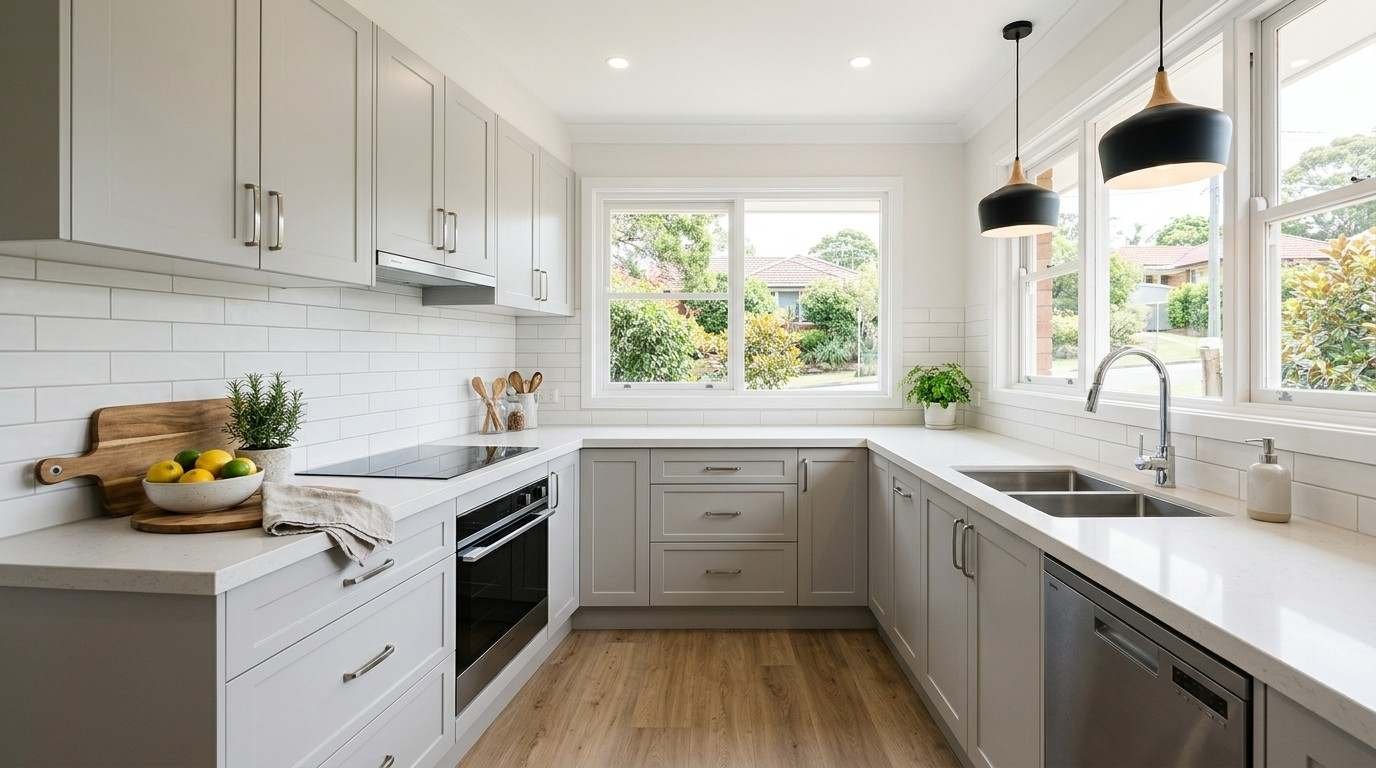 Cost-effective renovated Sydney investment kitchen with refreshed cabinetry, engineered-stone benchtop, modern fixtures, updated lighting, and durable flooring.