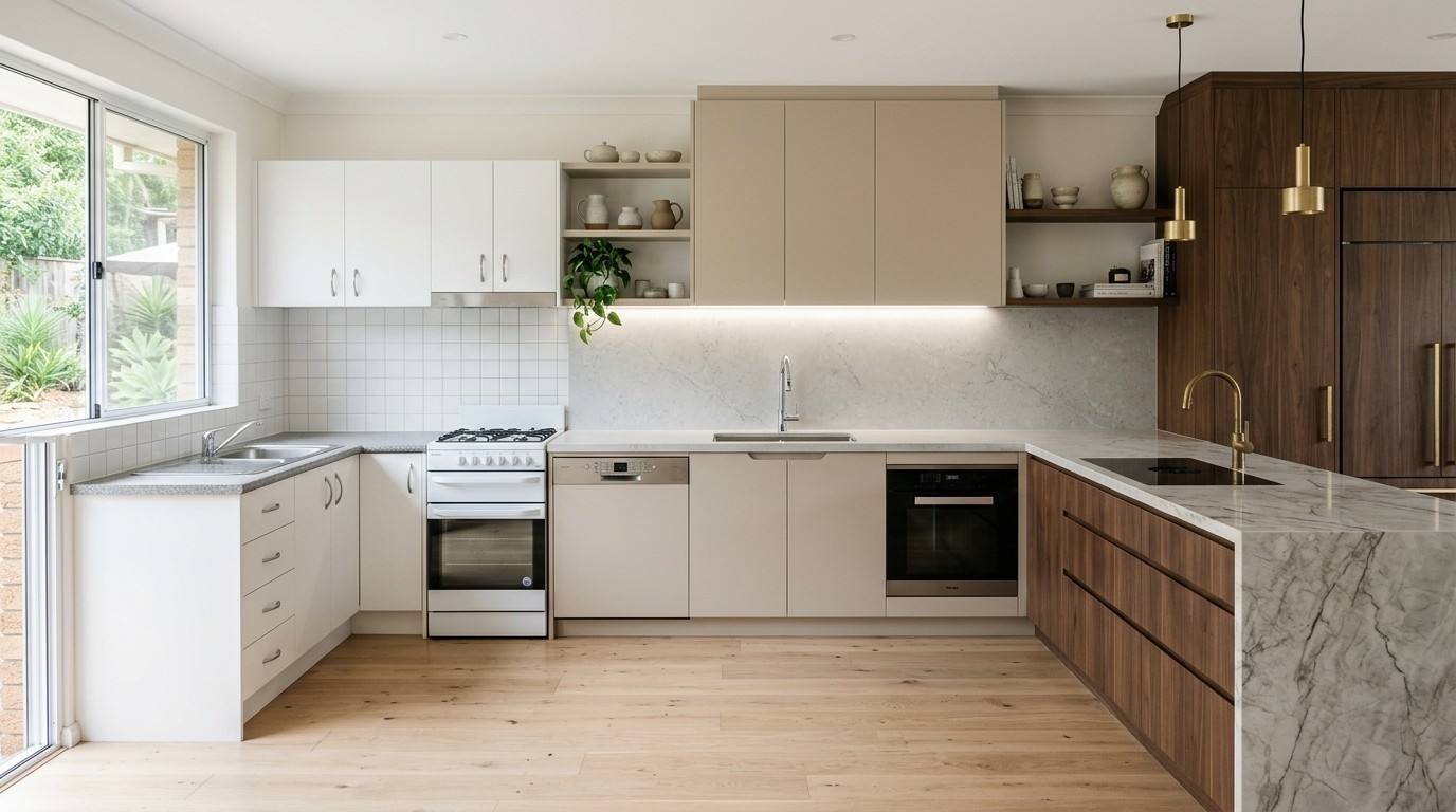 Sydney kitchen renovation showing a progression from budget flat-pack finishes to mid-range cabinetry and premium custom materials.