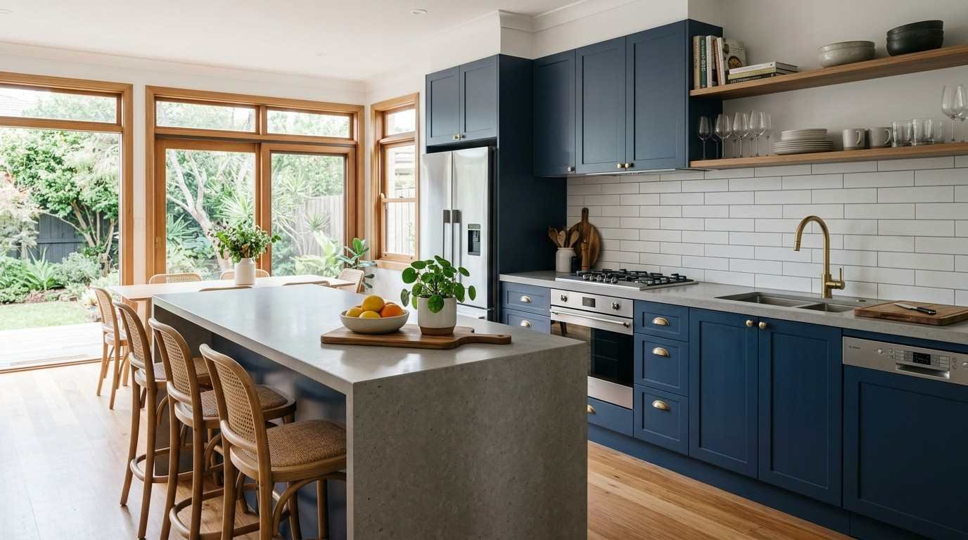 Mid-range Sydney kitchen renovation with semi-custom cabinetry, engineered stone benchtops, quality appliances and a practical island, representing the $30,000–$50,000 budget tier.