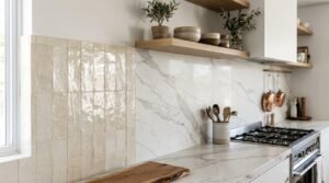 Modern kitchen featuring a split splashback design with glossy cream vertically stacked zellige tiles transitioning to a continuous Calacatta marble slab splashback and matching benchtop, beneath floating oak shelves styled with ceramic bowls, potted plants, and hanging copper cookware.
