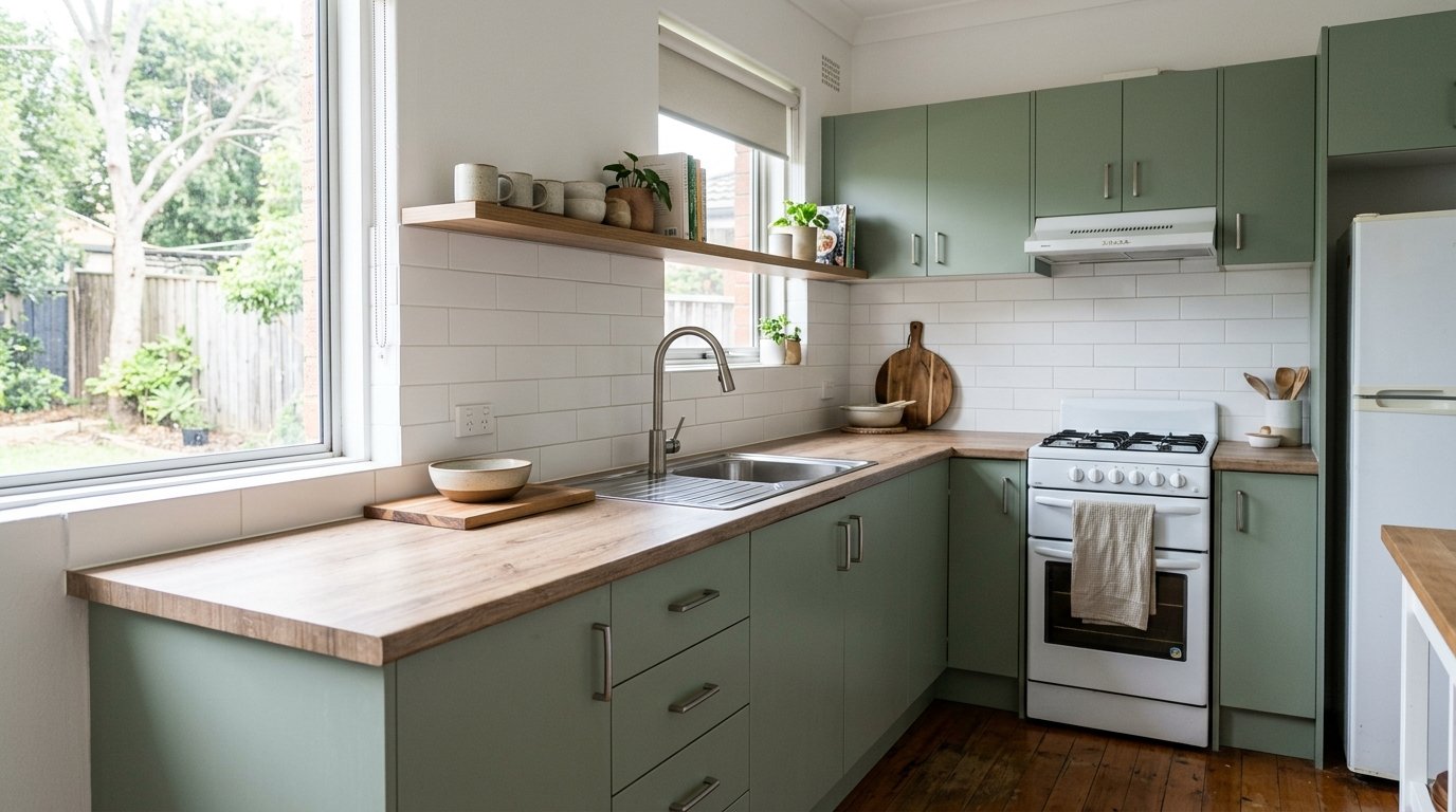 Budget Sydney kitchen renovation featuring refreshed cabinets, laminate benchtop, subway-tile splashback, stainless-steel sink, new hardware, and fresh paint.