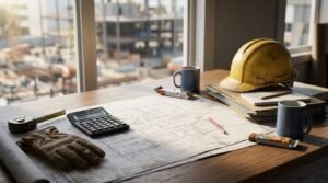 Construction project planning desk with architectural blueprints, calculator, hard hat, measuring tape, and cost estimation documents