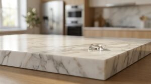 Marble kitchen countertop with water droplet demonstrating stone surface durability and water resistance