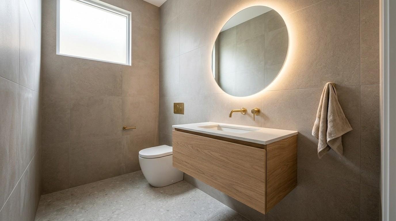 Modern Australian powder room with a floating timber vanity, frameless LED-backlit mirror, monochrome finishes, and clean minimalist design.