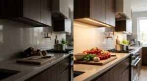Side-by-side comparison illustrating kitchen lighting design, showing a poorly lit, shadowy countertop without task lighting on the left versus an illuminated prep station with warm under-cabinet LED strip lighting and fresh vegetables on the right.