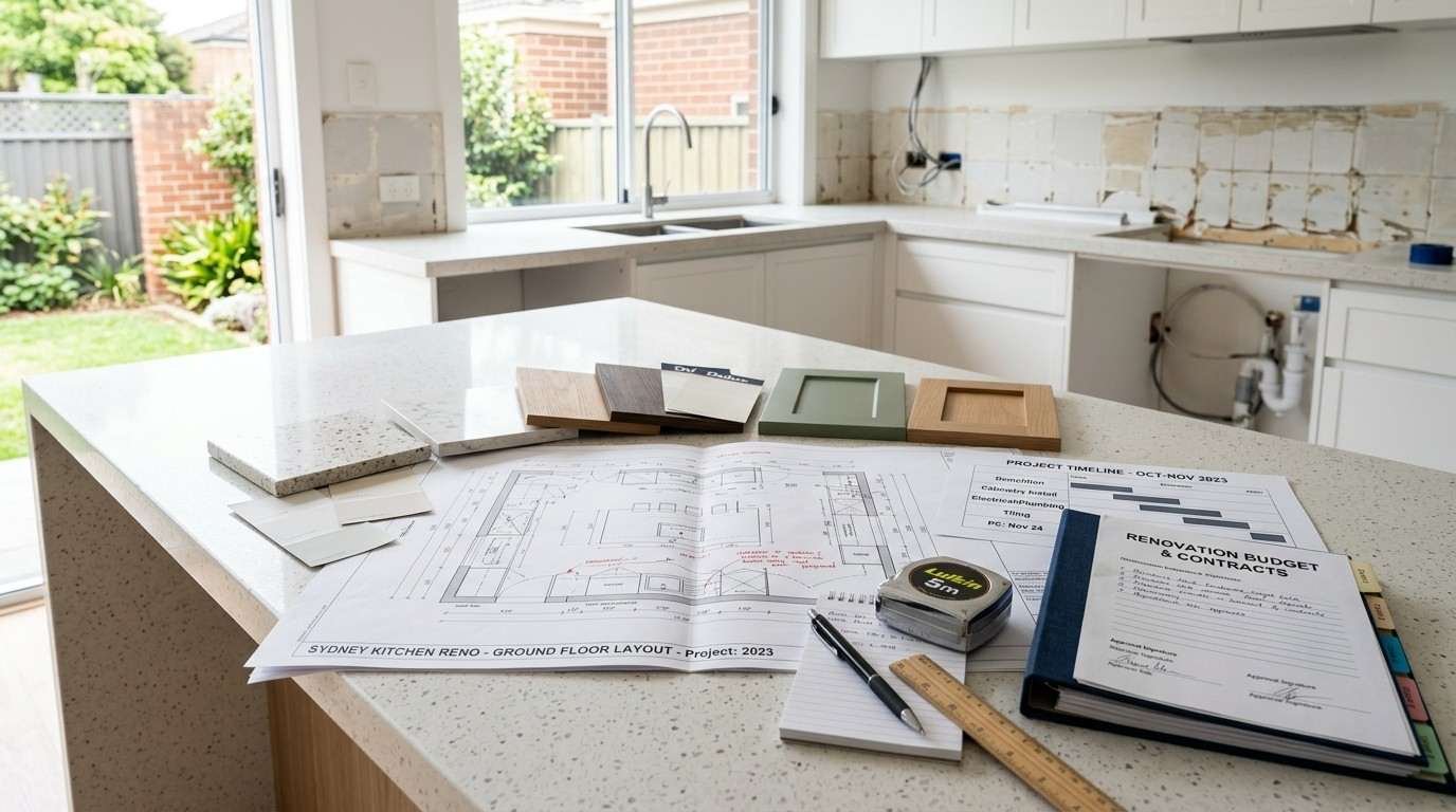 Sydney kitchen renovation planning scene with architectural plans, material samples, approval documents, and budget planning materials on a kitchen island.
