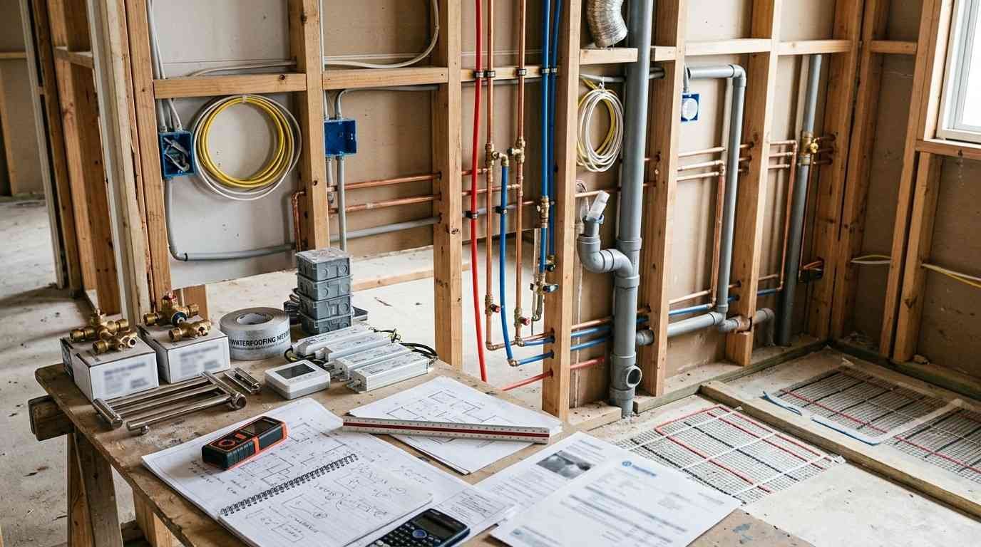 Sydney bathroom renovation rough-in with plumbing pipes, electrical wiring, quality fittings, and organised material samples illustrating plumbing and electrical material costs before walls are closed.