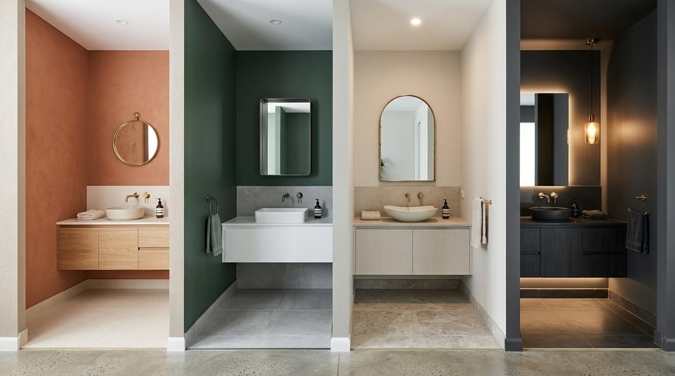 Four contemporary Australian powder room colour palettes featuring warm, cool, neutral, and bold designs with premium materials, floating vanities, and coordinated finishes.