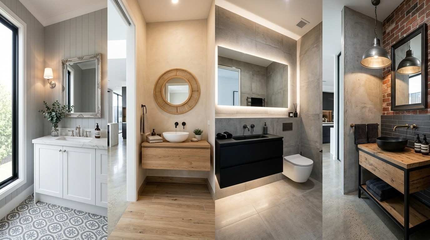 Four Australian powder room styles featuring Hamptons, Coastal, Contemporary, and Industrial designs with distinctive materials, vanities, lighting, and premium finishes.