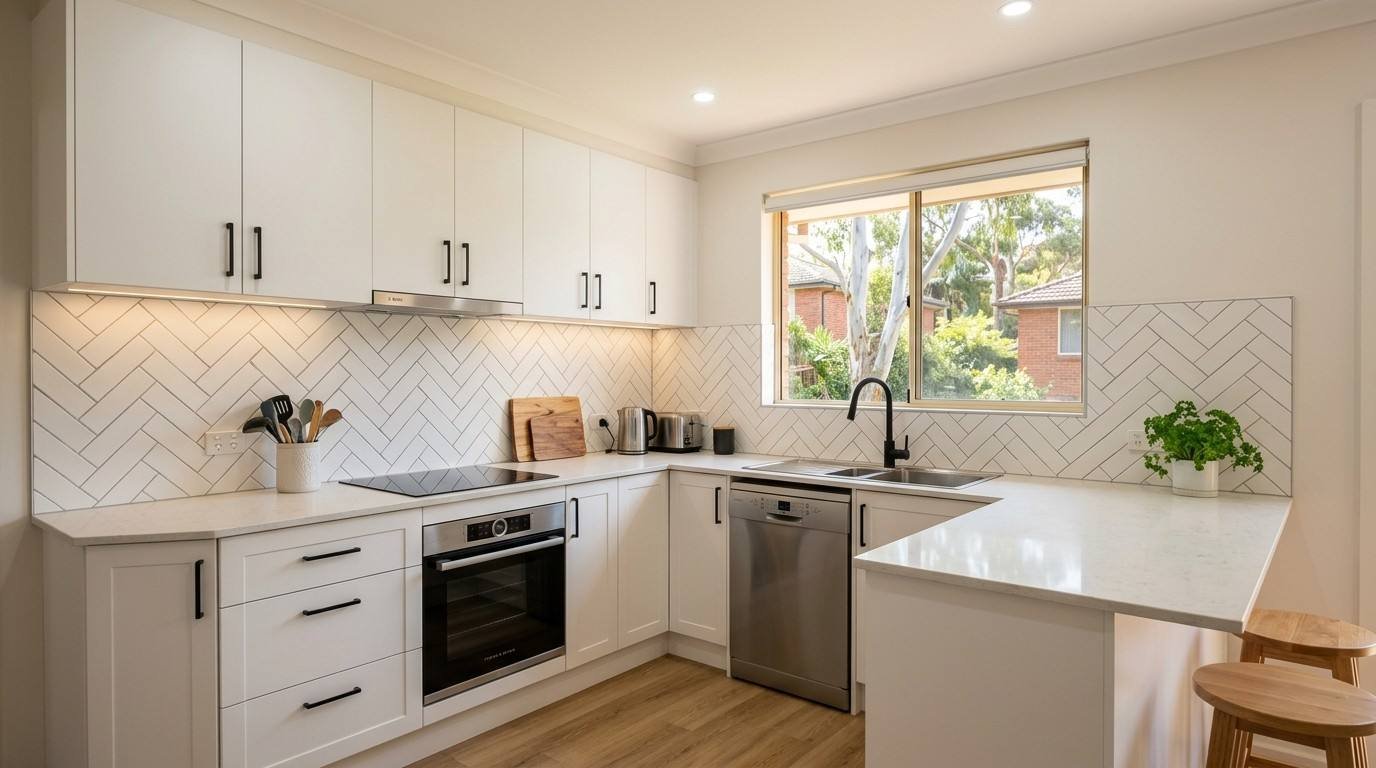 Realistic $50,000 Sydney kitchen renovation with mid-range cabinetry, 20mm engineered-stone benchtop, tiled splashback, quality appliances, updated flooring, and modern LED lighting.