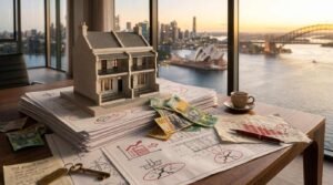 Architectural planning desk overlooking Sydney Harbour, featuring an architectural scale model of a classic Victorian terrace house atop building plans, Australian fifty and one-hundred dollar banknotes, cost charts, notes, brass keys, and a coffee cup with the Sydney Opera House and Harbour Bridge at sunset in the background.