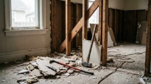 Room demolition and strip-out in progress with exposed wall studs, construction debris, drywall removal, and renovation tools inside a residential property