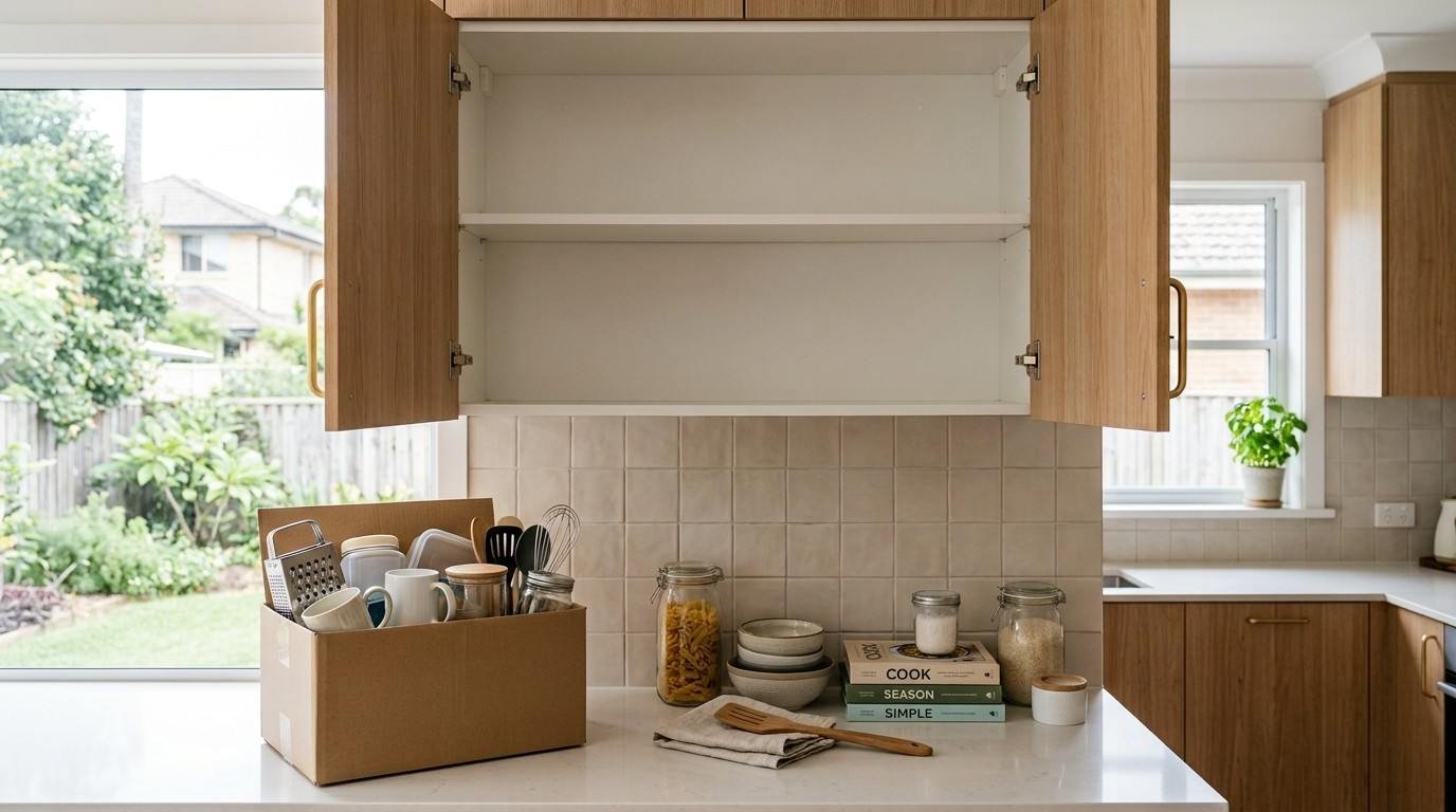Cleared kitchen cupboards with sorted household items and a donation box, illustrating why decluttering should come before reorganising storage.
