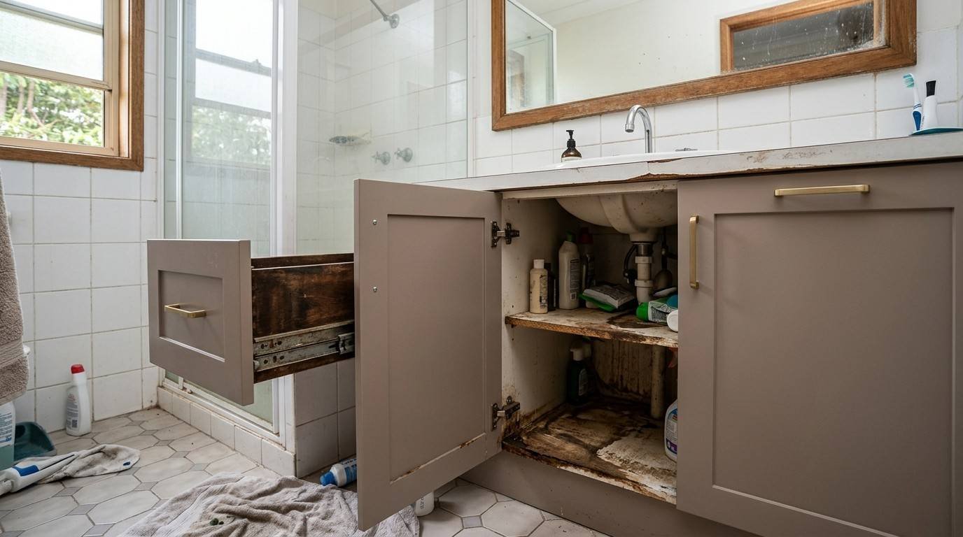Dated bathroom vanity showing cabinet refacing limitations, including moisture-damaged cabinet boxes, worn hardware, cramped storage, and an unchanged layout.