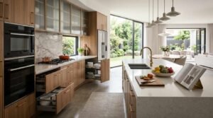 Open-concept modern kitchen demonstrating the work triangle layout, featuring natural timber cabinetry with pull-out corner storage and deep drawers, a large white quartz island with an undermount sink and brass gooseneck tap, and fluted glass upper cabinets.