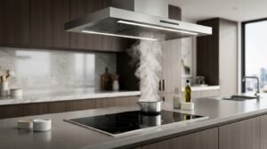 Stainless steel ceiling-mounted island range hood with integrated LED strip lighting actively extracting rising steam from a stainless steel pot on a black glass induction cooktop within a modern kitchen island.