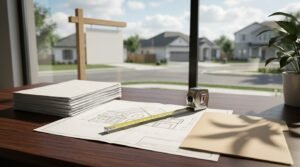 Architectural elevation blueprints of a two-storey house on a wooden desk with an extended yellow tape measure, manila folder, paper stack, and potted plant overlooking a suburban street with a blank real estate sign.