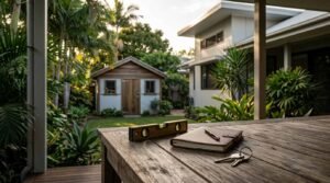 Rustic outdoor wooden table with a brass-trimmed spirit level, leather journal, pen, and house keys, overlooking a modern home, landscaped tropical backyard lawn, and a custom corrugated metal and timber garden shed.