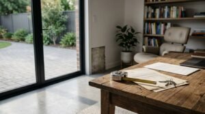 Rustic timber office desk with contract documents, house keys, a tape measure, and a laptop, set against an exposed brick inspection cutout, a modern reading lounge, and glass doors leading to a paved patio.