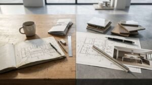 Split comparison flat lay contrasting a hand-drawn DIY kitchen sketch with a coffee mug on a rustic wood surface against professional architectural floor plans, 3D render, material samples, and an architectural scale ruler on a concrete desktop.