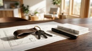House keys resting on architectural floor plans beside design samples in a modern home interior